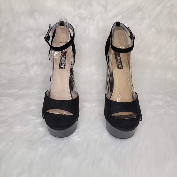 Black suede platforms with ankle strap. - Picture 3 of 11